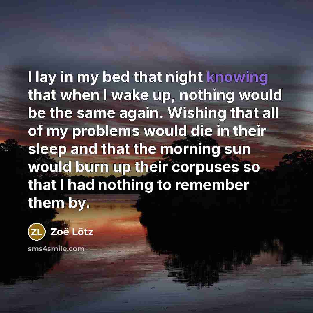 “I lay in my bed that night knowing that when I wake up, nothing would be the same again. Wishing that all of my problems would die in their sleep and that the morning sun would burn up their corpuses so that I had nothing to remember them by.” quote by Zoë Lötz