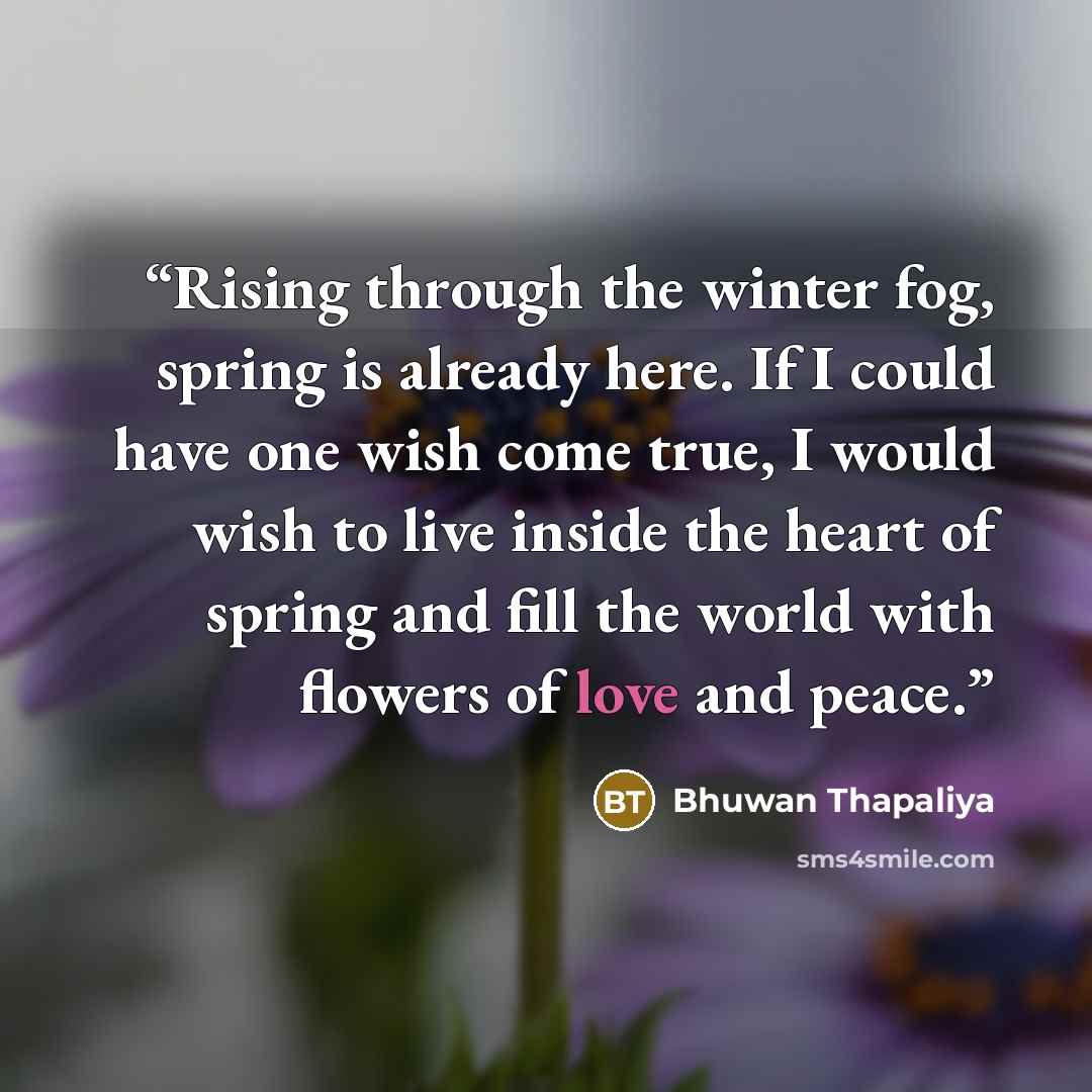 “Rising through the winter fog, spring is already here. If I could have one wish come true, I would wish to live inside the heart of spring and fill the world with flowers of love and peace.” quote by Bhuwan Thapaliya