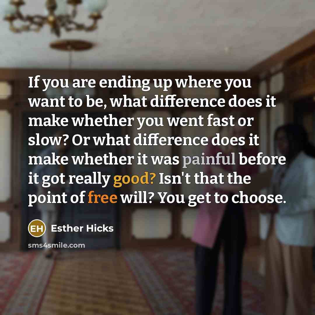 “If you are ending up where you want to be, what difference does it make whether you went fast or slow? Or what difference does it make whether it was painful before it got really good? Isn't that the point of free will? You get to choose.” quote by Esther Hicks