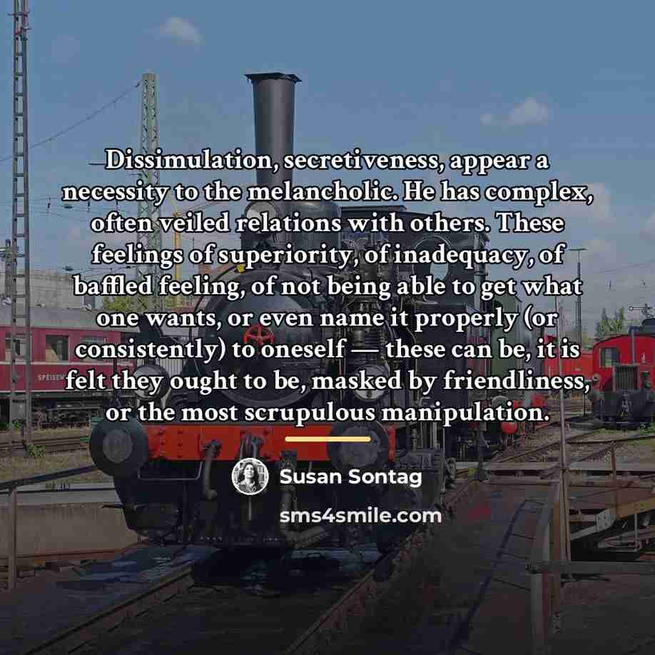 “Dissimulation, secretiveness, appear a necessity to the melancholic. He has…” quote by Susan Sontag