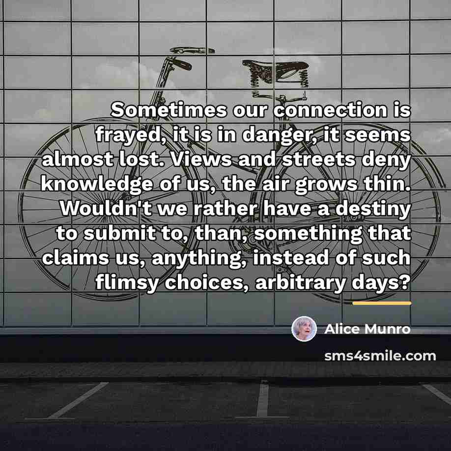 “Sometimes our connection is frayed, it is in danger, it…” quote by Alice Munro