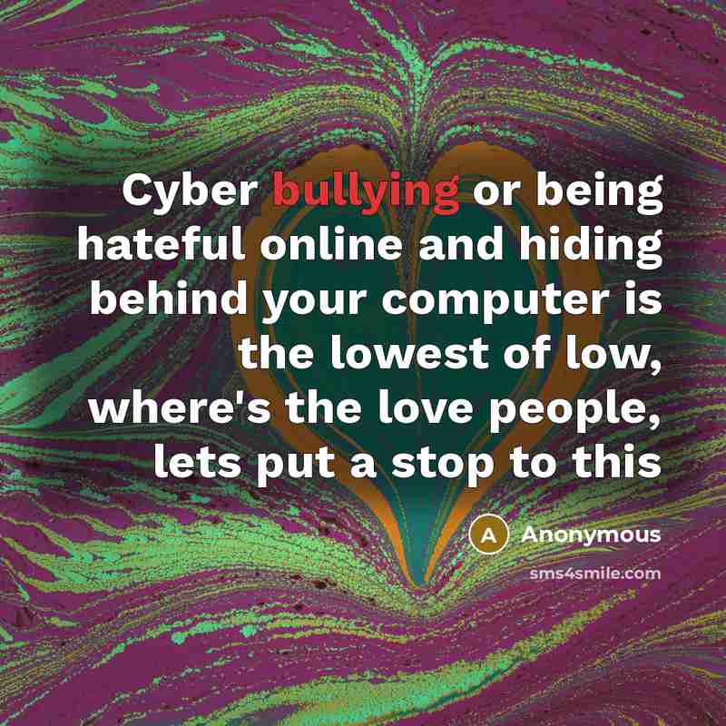 “Cyber bullying or being hateful online and hiding behind your computer is the lowest of low, where's the love people, lets put a stop to this” quote by Anonymous