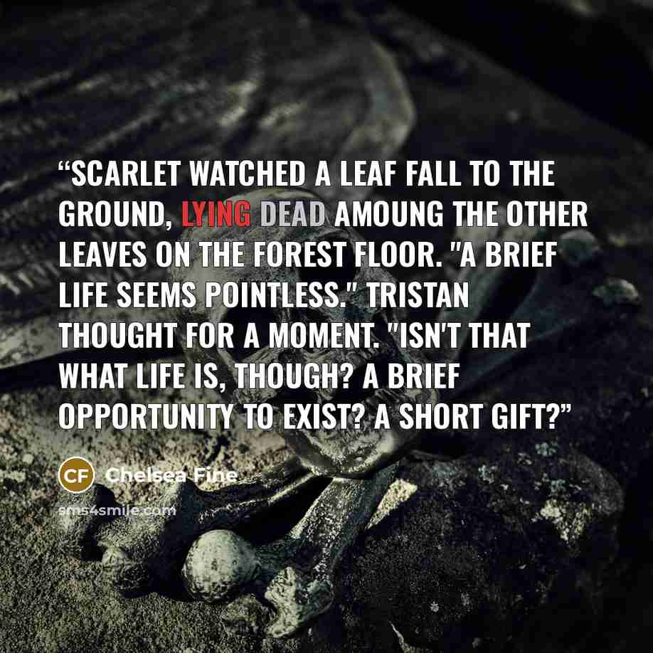 “Scarlet watched a leaf fall to the ground, lying dead amoung the other leaves on the forest floor. "A brief life seems pointless." Tristan thought for a moment. "Isn't that what life is, though? A brief opportunity to exist? A short gift?” quote by Chelsea Fine