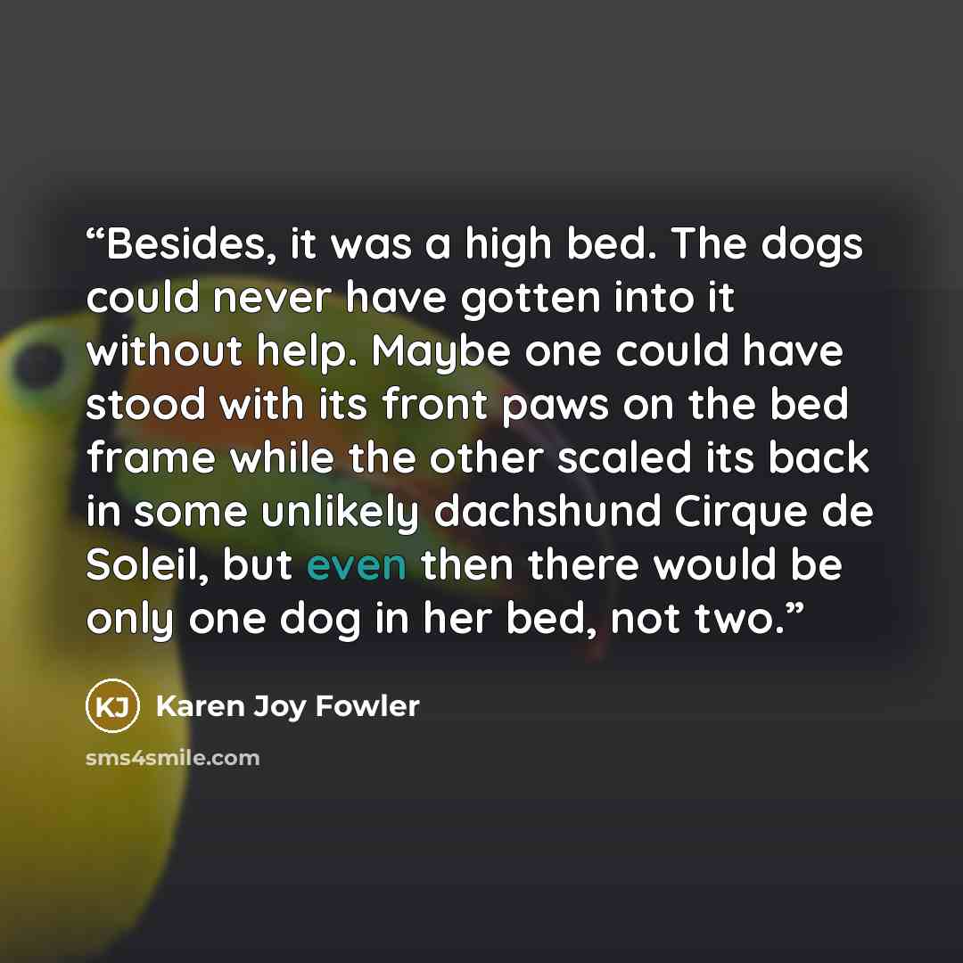 “Besides, it was a high bed. The dogs could never have gotten into it without help. Maybe one could have stood with its front paws on the bed frame while the other scaled its back in some unlikely dachshund Cirque de Soleil, but even then there would be only one dog in her bed, not two.” quote by Karen Joy Fowler