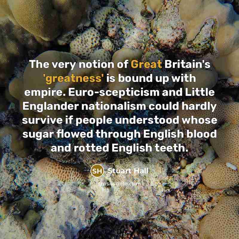“The very notion of Great Britain's 'greatness' is bound up with empire. Euro-scepticism and Little Englander nationalism could hardly survive if people understood whose sugar flowed through English blood and rotted English teeth.” quote by Stuart Hall