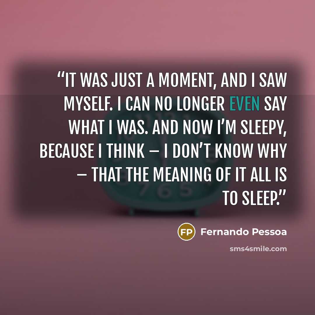 “It was just a moment, and I saw myself. I can no longer even say what I was. And now I’m sleepy, because I think – I don’t know why – that the meaning of it all is to sleep.” quote by Fernando Pessoa