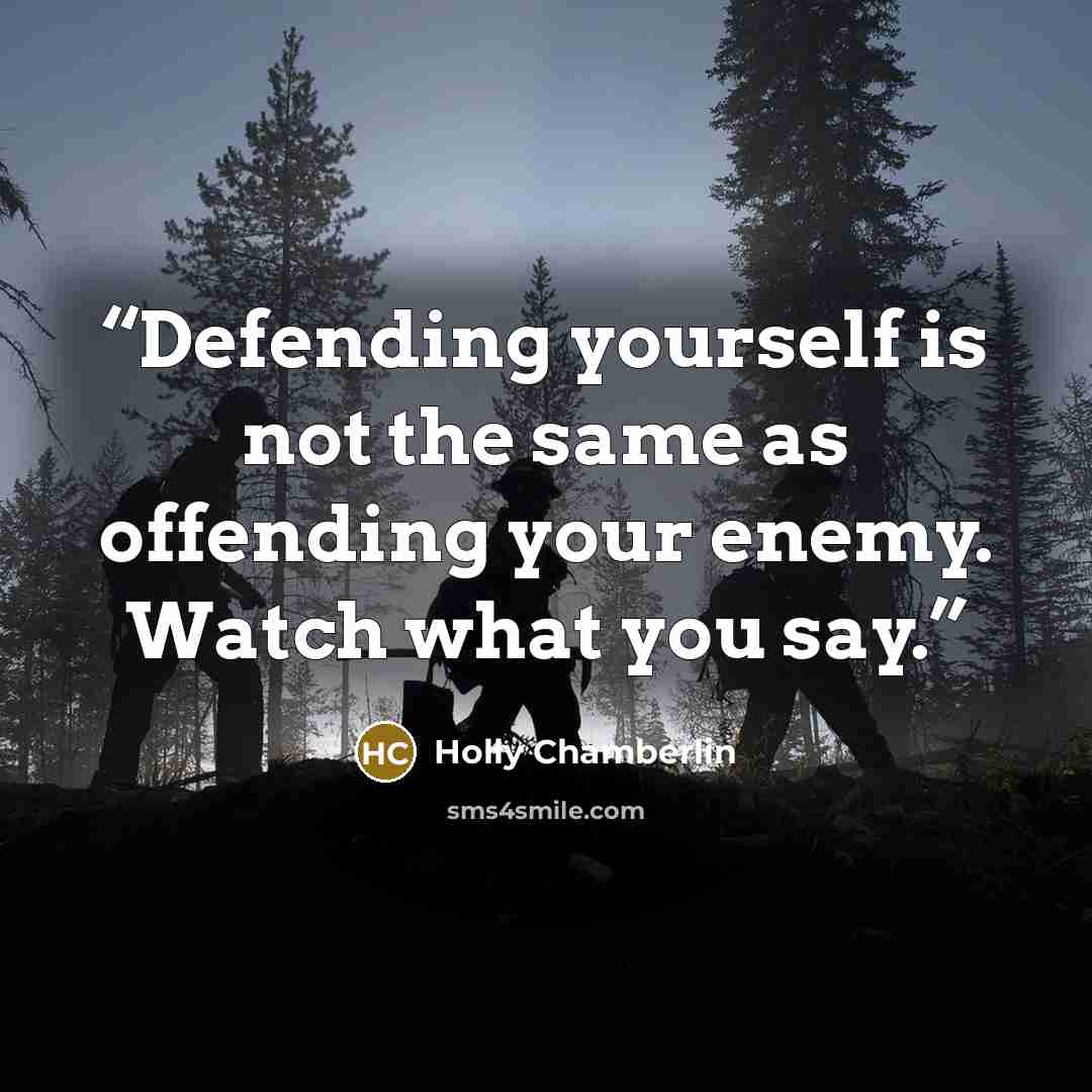 “Defending yourself is not the same as offending your enemy. Watch what you say.” quote by Holly Chamberlin