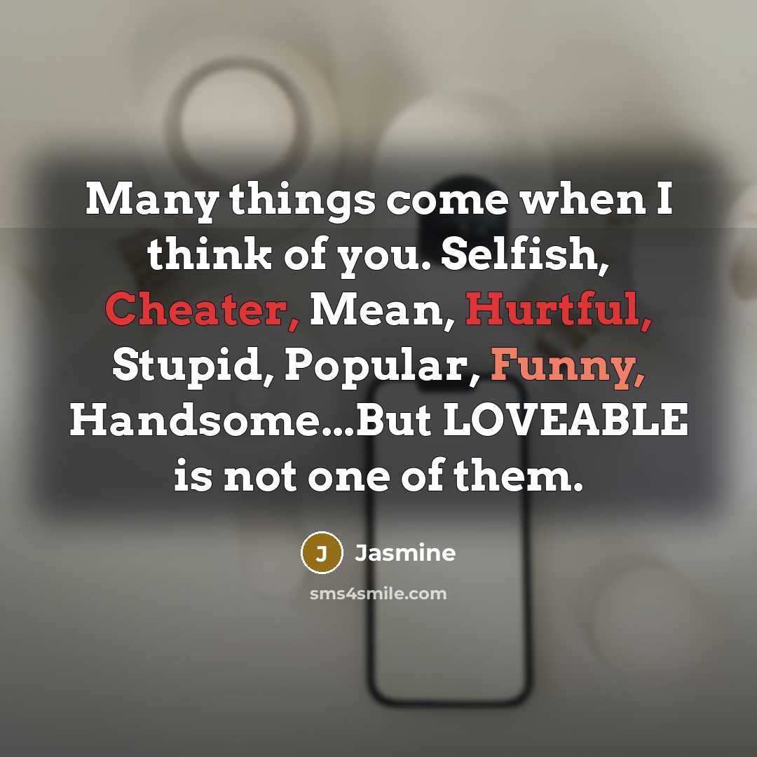 “Many things come when I think of you. Selfish, Cheater, Mean, Hurtful, Stupid, Popular, Funny, Handsome...But LOVEABLE is not one of them.” quote by Jasmine