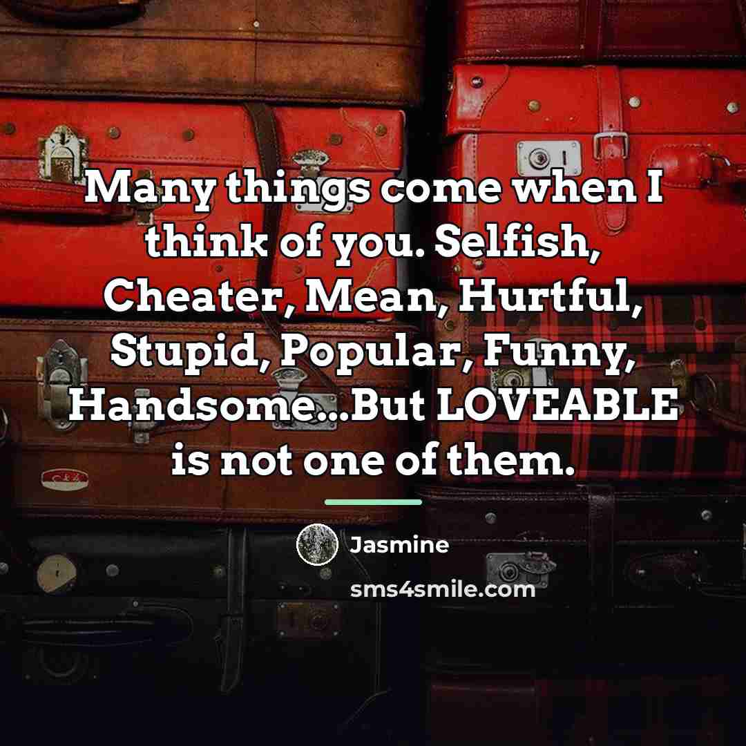 “Many things come when I think of you. Selfish, Cheater,…” quote by Jasmine