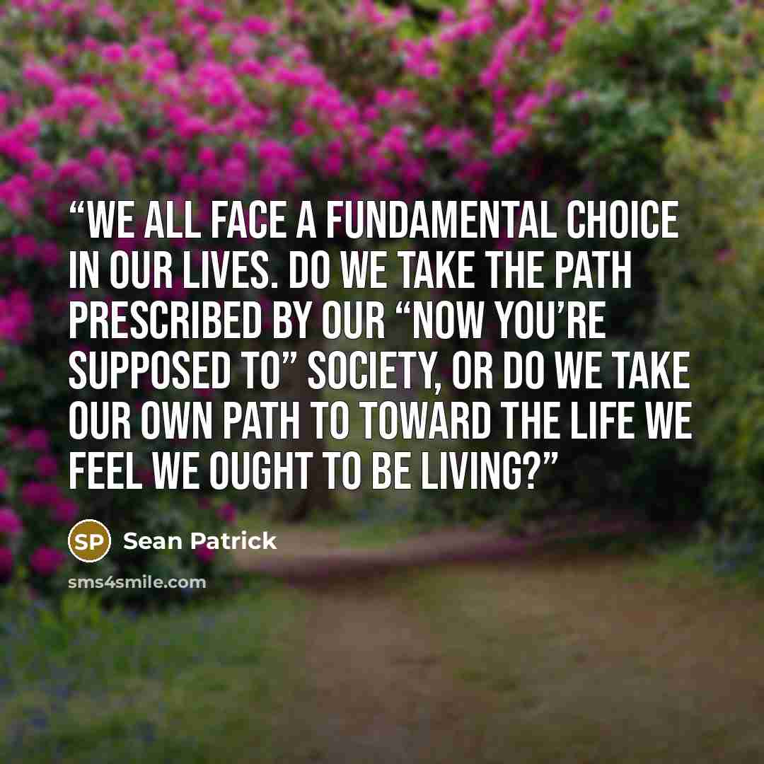 “We all face a fundamental choice in our lives. Do we take the path prescribed by our “now you’re supposed to” society, or do we take our own path to toward the life we feel we ought to be living?” quote by Sean Patrick