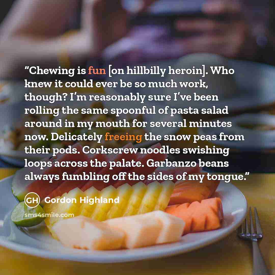 “Chewing is fun [on hillbilly heroin]. Who knew it could ever be so much work, though? I’m reasonably sure I’ve been rolling the same spoonful of pasta salad around in my mouth for several minutes now. Delicately freeing the snow peas from their pods. Corkscrew noodles swishing loops across the…” quote by Gordon Highland