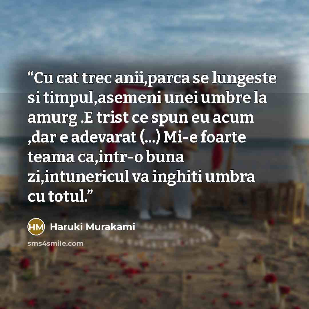 “Cu cat trec anii,parca se lungeste si timpul,asemeni unei umbre la amurg .E trist ce spun eu acum ,dar e adevarat (...) Mi-e foarte teama ca,intr-o buna zi,intunericul va inghiti umbra cu totul.” quote by Haruki Murakami