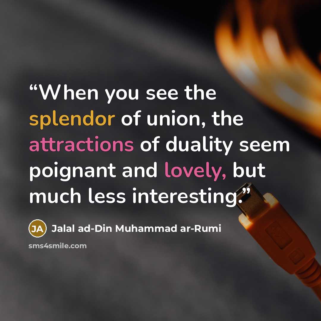 “When you see the splendor of union, the attractions of duality seem poignant and lovely, but much less interesting.” quote by Jalal ad-Din Muhammad ar-Rumi