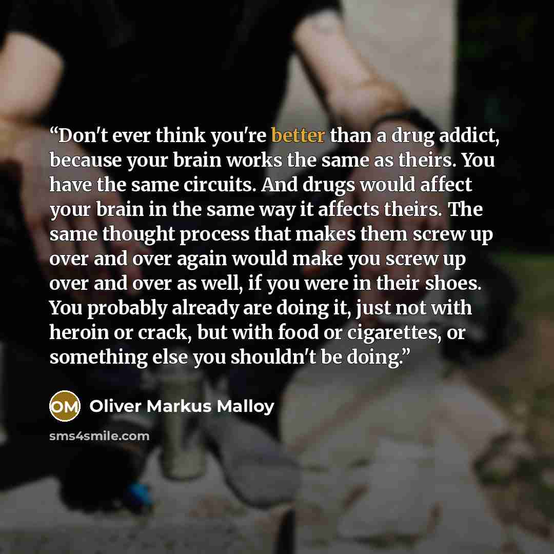 “Don't ever think you're better than a drug addict, because your brain works the same as theirs. You have the same circuits. And drugs would affect your brain in the same way it affects theirs. The same thought process that makes them screw up over and over again would make you screw up over and…” quote by Oliver Markus Malloy