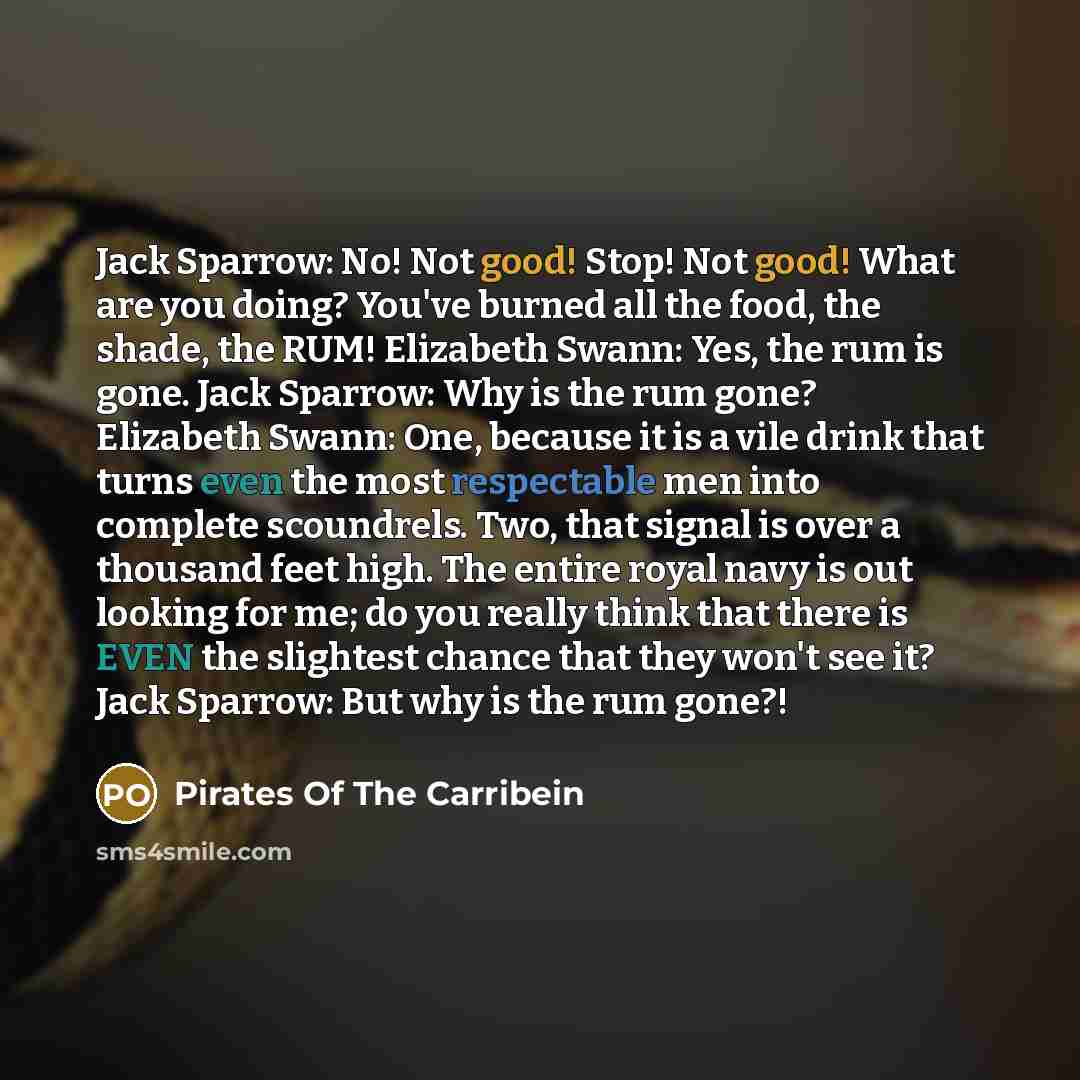 “Jack Sparrow: No! Not good! Stop! Not good! What are you doing? You've burned all the food, the shade, the RUM! Elizabeth Swann: Yes, the rum is gone. Jack Sparrow: Why is the rum gone? Elizabeth Swann: One, because it is a vile drink that turns even the most respectable men into complete…” quote by Pirates Of The Carribein