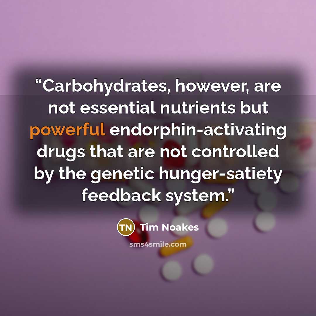 “Carbohydrates, however, are not essential nutrients but powerful endorphin-activating drugs that are not controlled by the genetic hunger-satiety feedback system.” quote by Tim Noakes