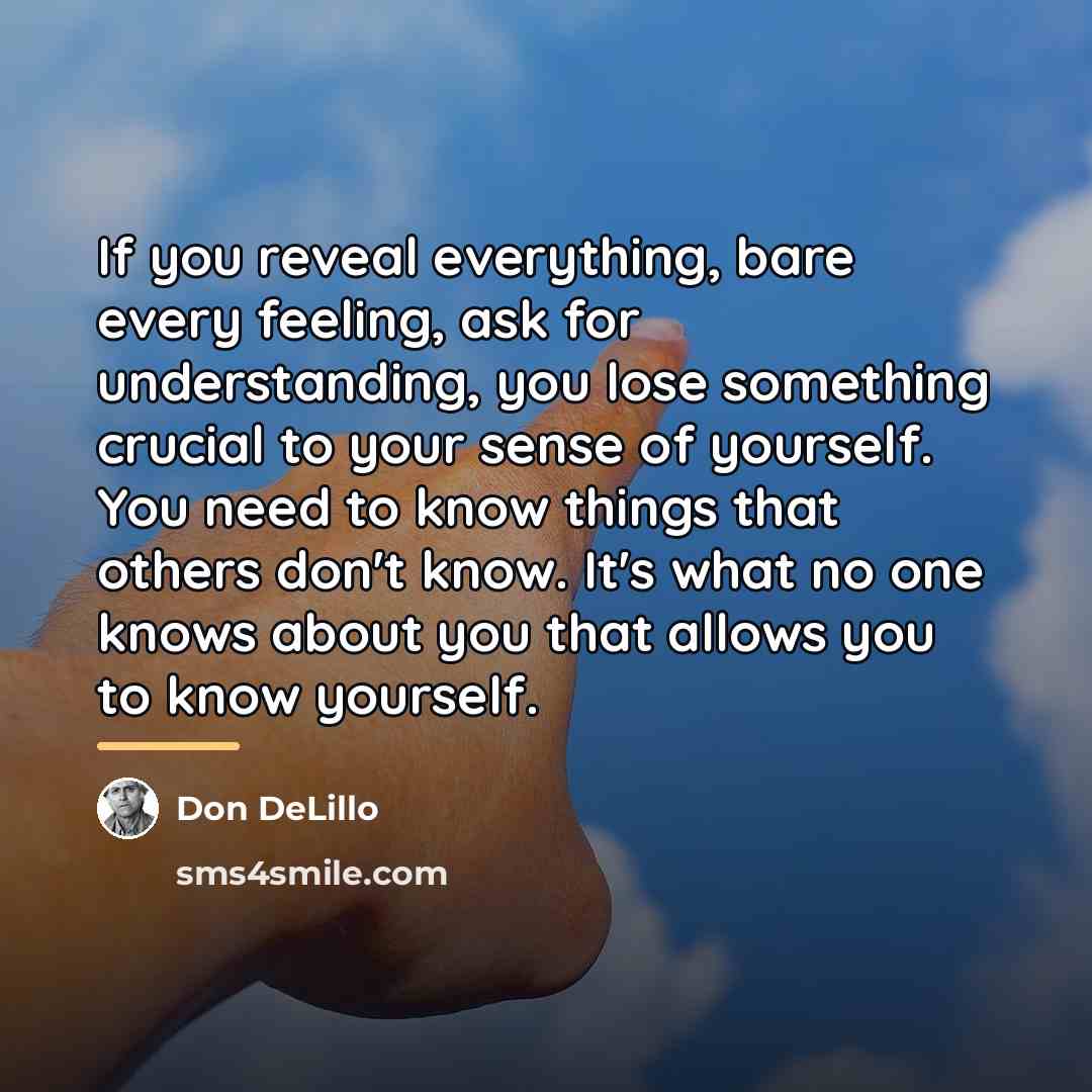 “If you reveal everything, bare every feeling, ask for understanding,…” quote by Don DeLillo