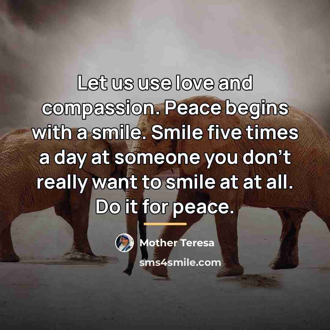 “Let us use love and compassion. Peace begins with a…” quote by Mother Teresa