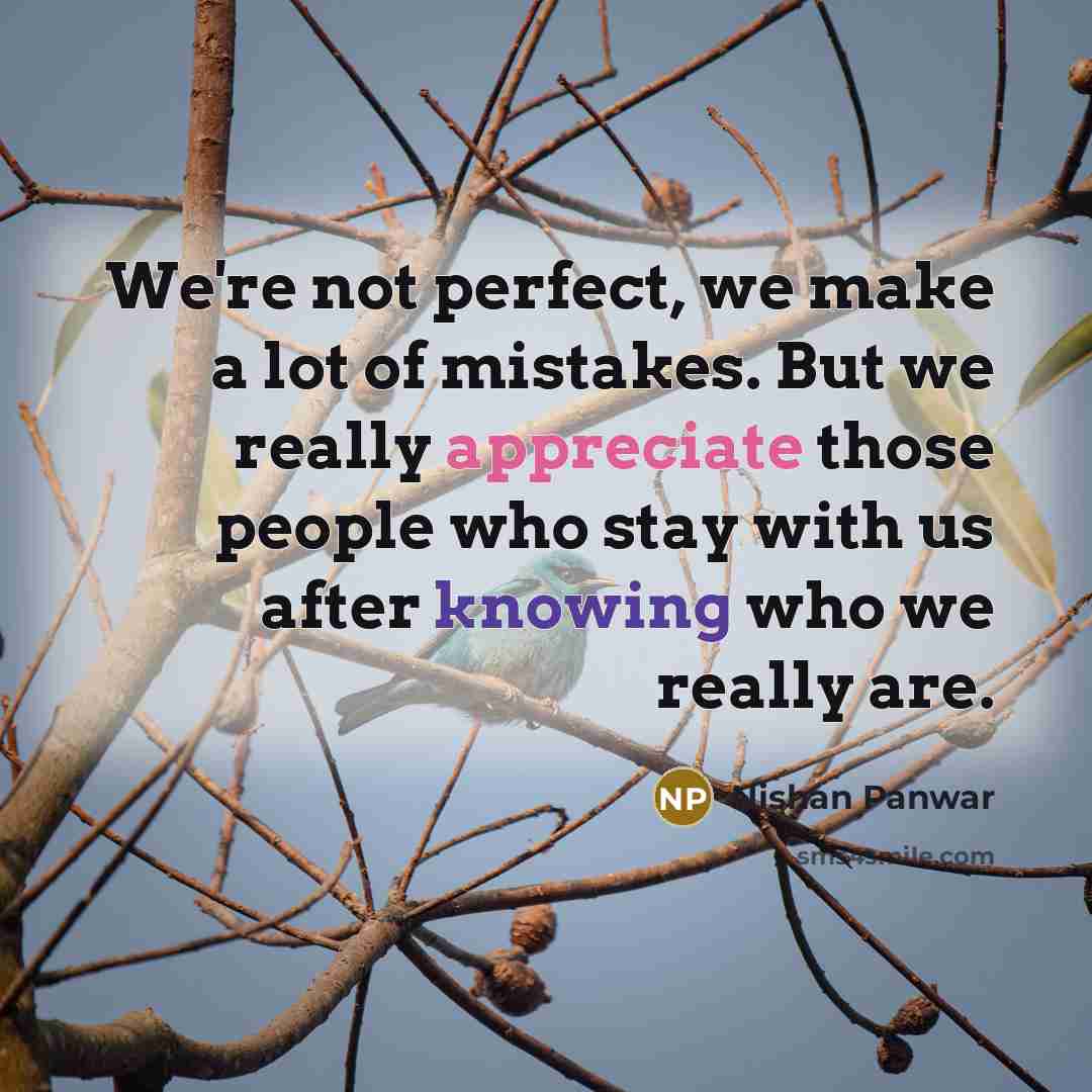 “We're not perfect, we make a lot of mistakes. But we really appreciate those people who stay with us after knowing who we really are.” quote by Nishan Panwar