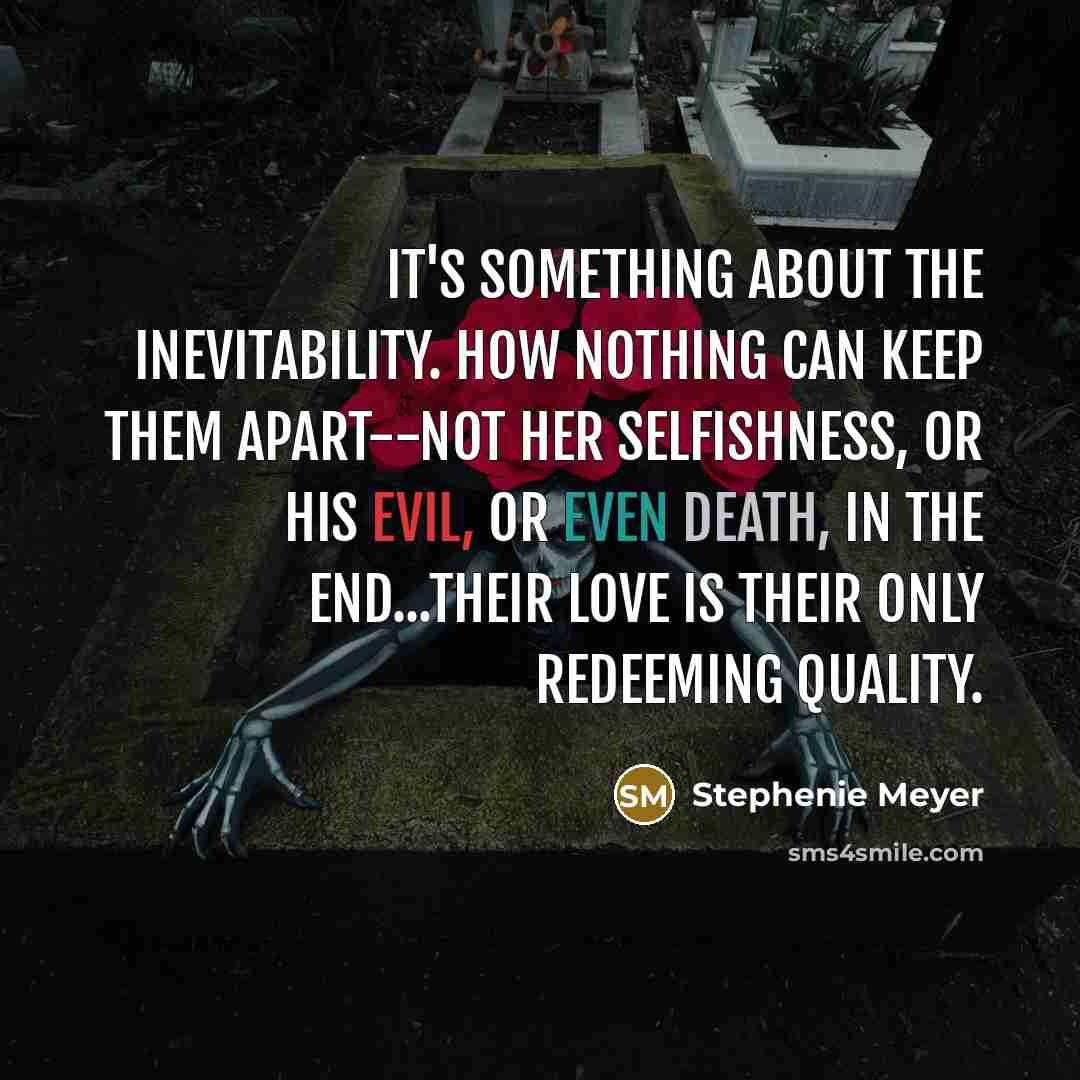“It's something about the inevitability. How nothing can keep them apart--not her selfishness, or his evil, or even death, in the end...their love is their only redeeming quality.” quote by Stephenie Meyer