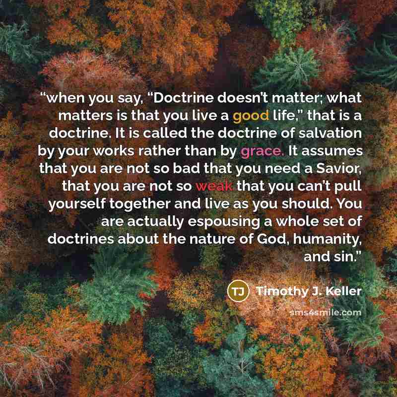 “when you say, “Doctrine doesn’t matter; what matters is that you live a good life,” that is a doctrine. It is called the doctrine of salvation by your works rather than by grace. It assumes that you are not so bad that you need a Savior, that you are not so weak that you can’t pull yourself…” quote by Timothy J. Keller