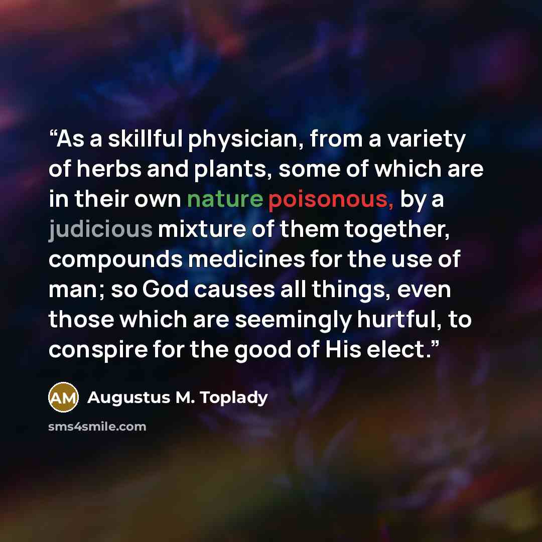 “As a skillful physician, from a variety of herbs and plants, some of which are in their own nature poisonous, by a judicious mixture of them together, compounds medicines for the use of man; so God causes all things, even those which are seemingly hurtful, to conspire for the good of His elect.” quote by Augustus M. Toplady