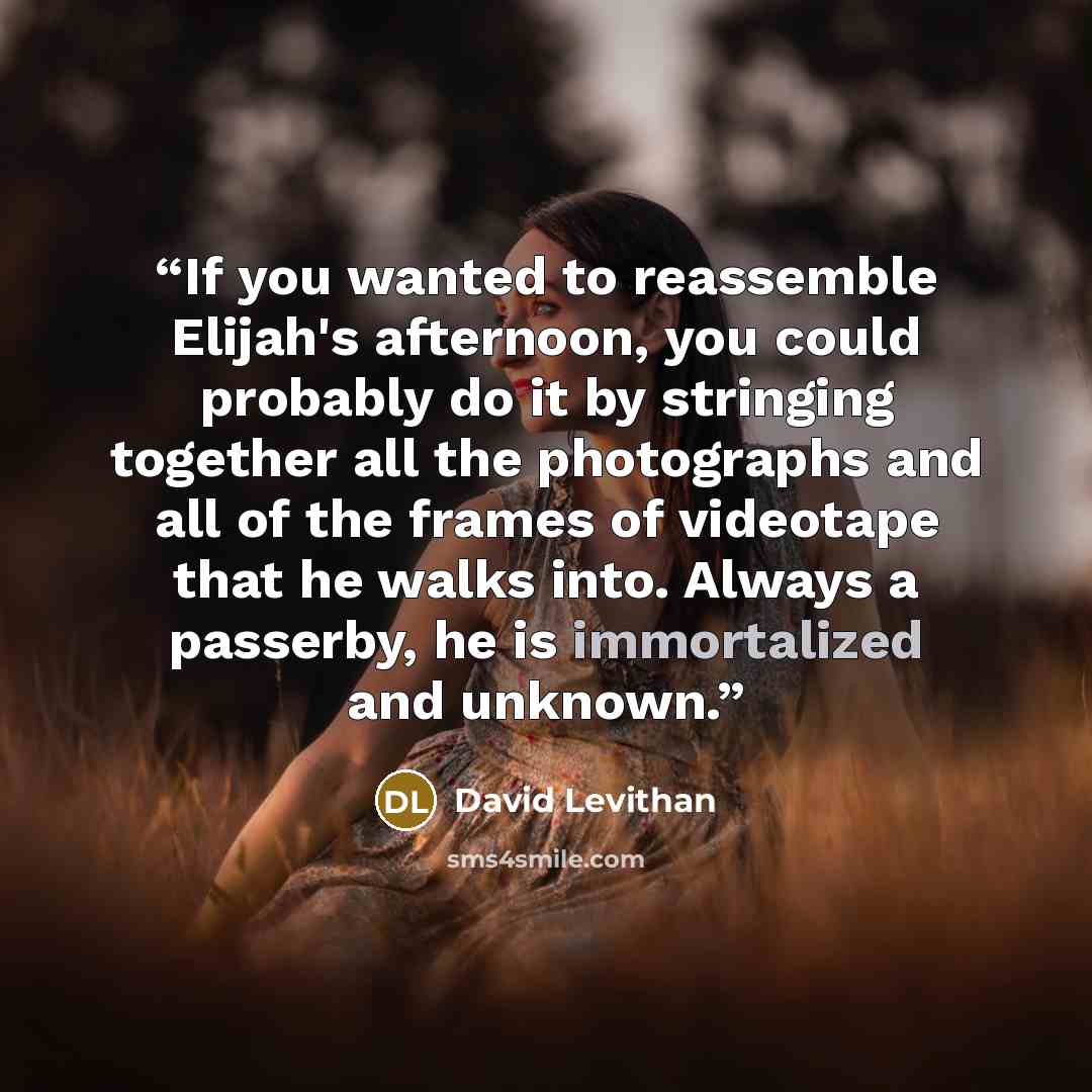 “If you wanted to reassemble Elijah's afternoon, you could probably do it by stringing together all the photographs and all of the frames of videotape that he walks into. Always a passerby, he is immortalized and unknown.” quote by David Levithan