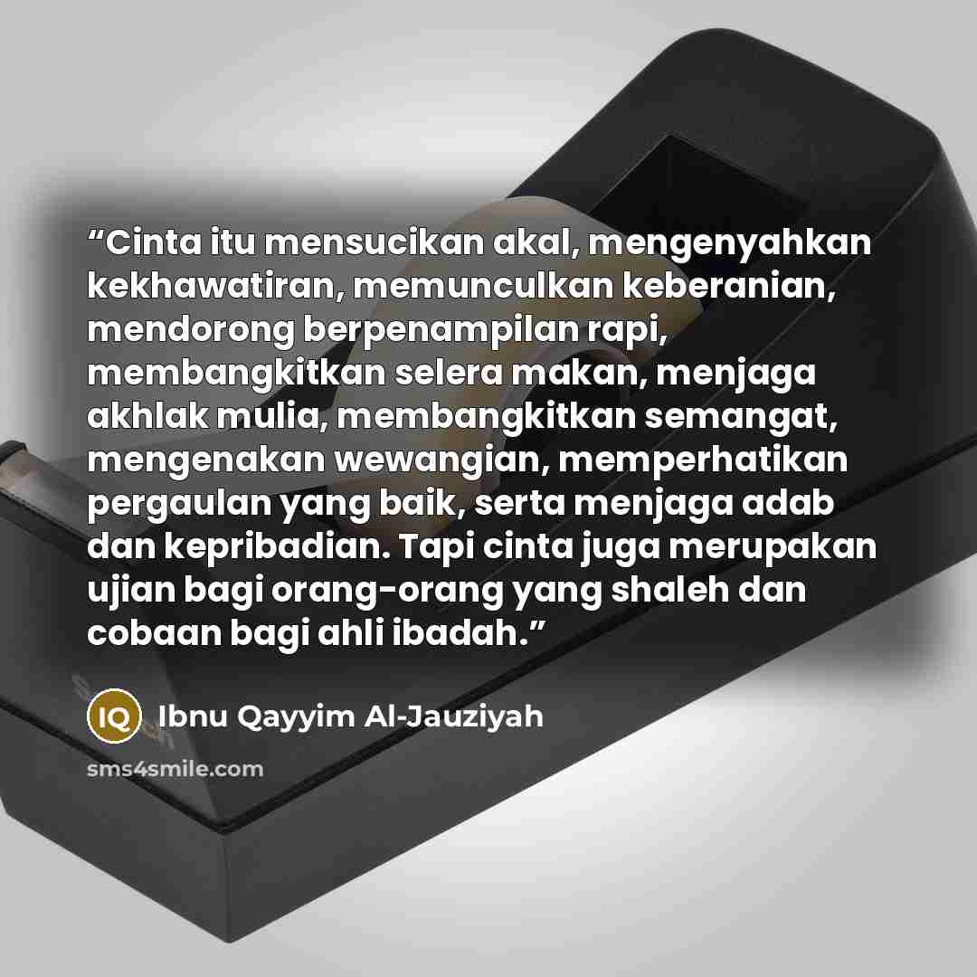 “Cinta itu mensucikan akal, mengenyahkan kekhawatiran, memunculkan keberanian, mendorong berpenampilan rapi, membangkitkan selera makan, menjaga akhlak mulia, membangkitkan semangat, mengenakan wewangian, memperhatikan pergaulan yang baik, serta menjaga adab dan kepribadian. Tapi cinta juga…” quote by Ibnu Qayyim Al-Jauziyah