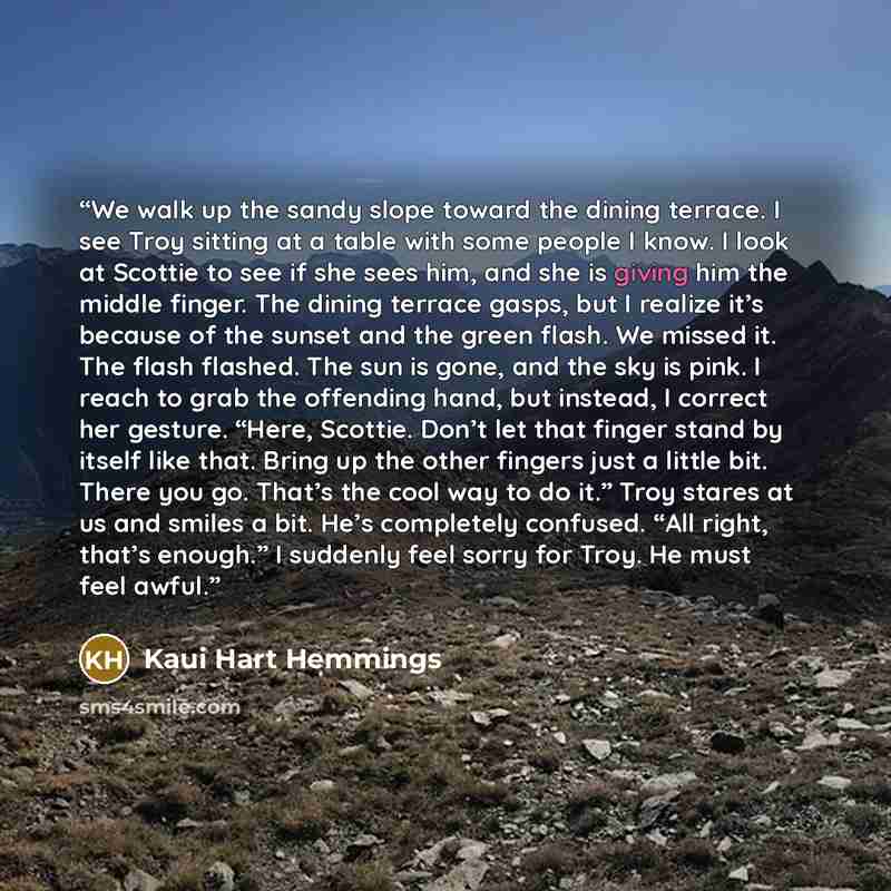 “We walk up the sandy slope toward the dining terrace. I see Troy sitting at a table with some people I know. I look at Scottie to see if she sees him, and she is giving him the middle finger. The dining terrace gasps, but I realize it’s because of the sunset and the green flash. We missed it. The…” quote by Kaui Hart Hemmings