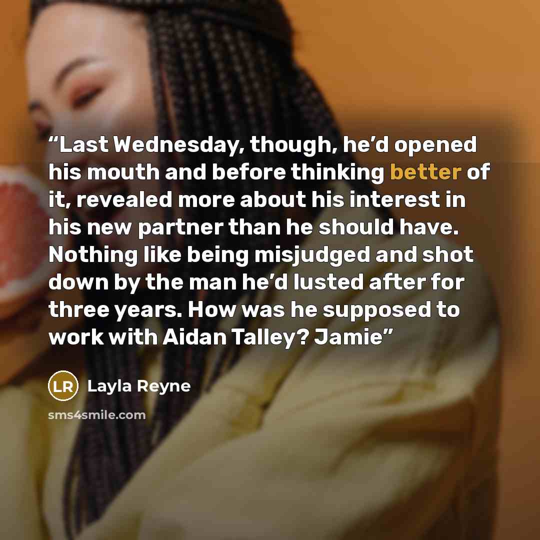 “Last Wednesday, though, he’d opened his mouth and before thinking better of it, revealed more about his interest in his new partner than he should have. Nothing like being misjudged and shot down by the man he’d lusted after for three years. How was he supposed to work with Aidan Talley? Jamie” quote by Layla Reyne