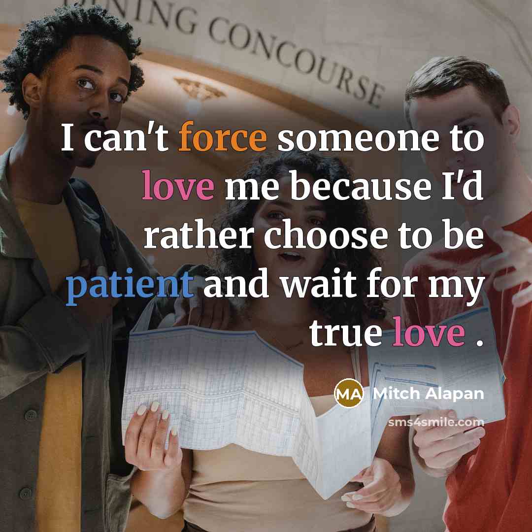“I can't force someone to love me because I'd rather choose to be patient and wait for my true love .” quote by Mitch Alapan