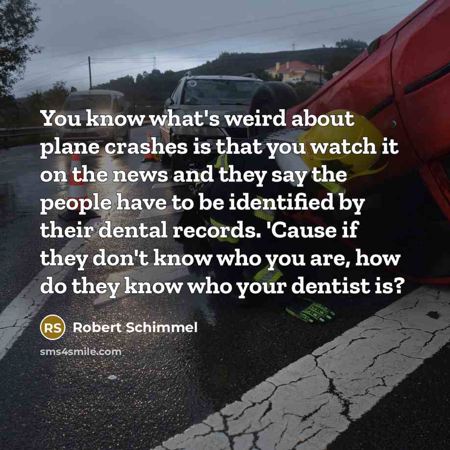 “You know what's weird about plane crashes is that you watch it on the news and they say the people have to be identified by their dental records. 'Cause if they don't know who you are, how do they know who your dentist is?” quote by Robert Schimmel