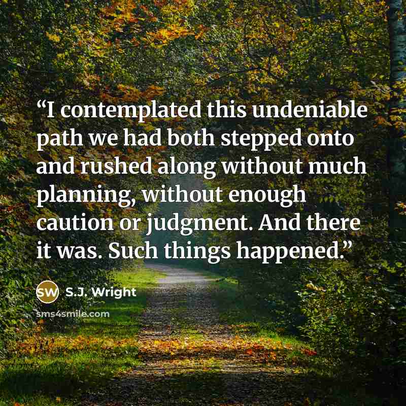 “I contemplated this undeniable path we had both stepped onto and rushed along without much planning, without enough caution or judgment. And there it was. Such things happened.” quote by S.J. Wright
