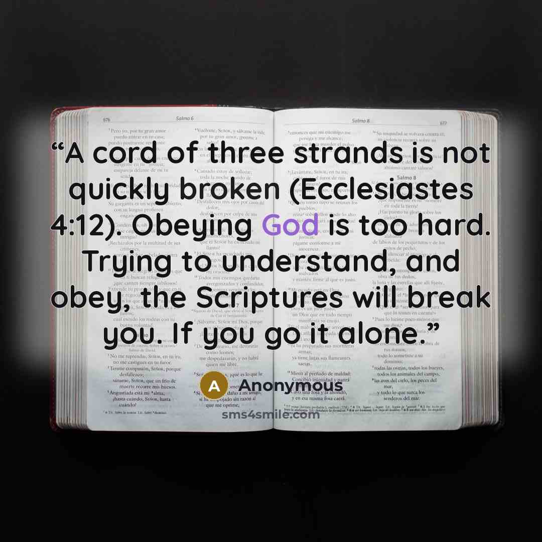 “A cord of three strands is not quickly broken (Ecclesiastes 4:12). Obeying God is too hard. Trying to understand, and obey, the Scriptures will break you. If you go it alone.” quote by Anonymous