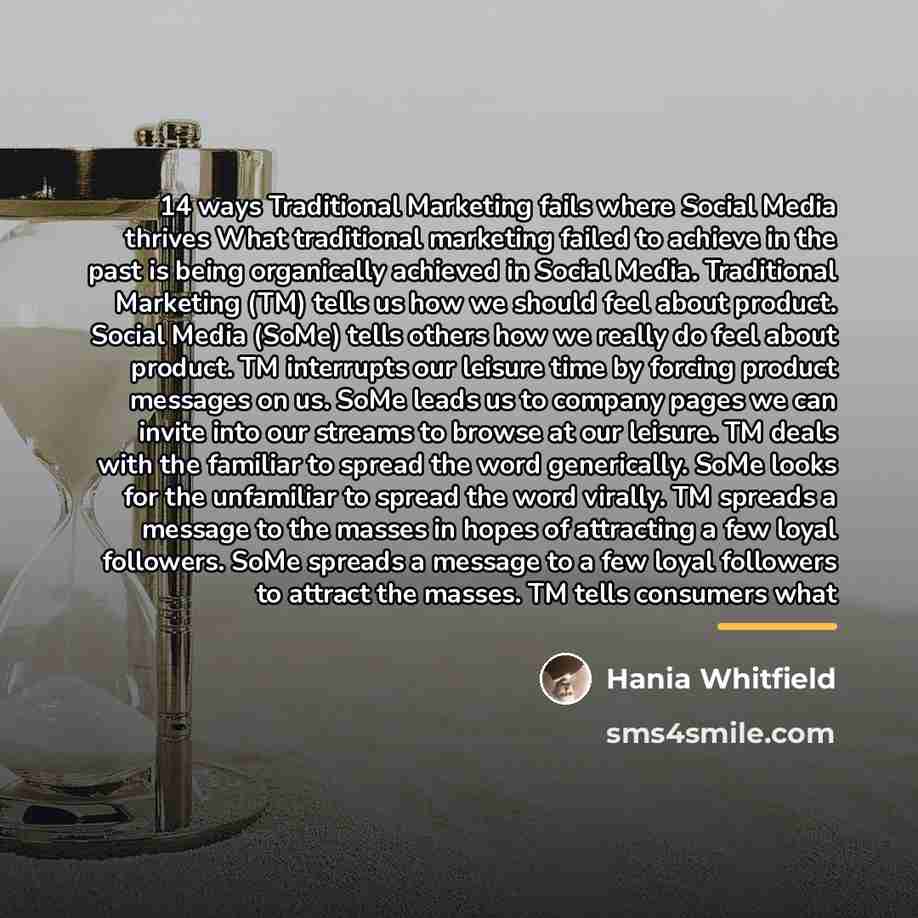 “14 ways Traditional Marketing fails where Social Media thrives What…” quote by Hania Whitfield