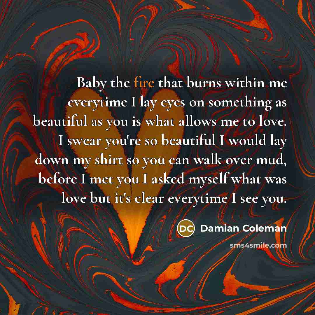 “Baby the fire that burns within me everytime I lay…” quote by Damian Coleman