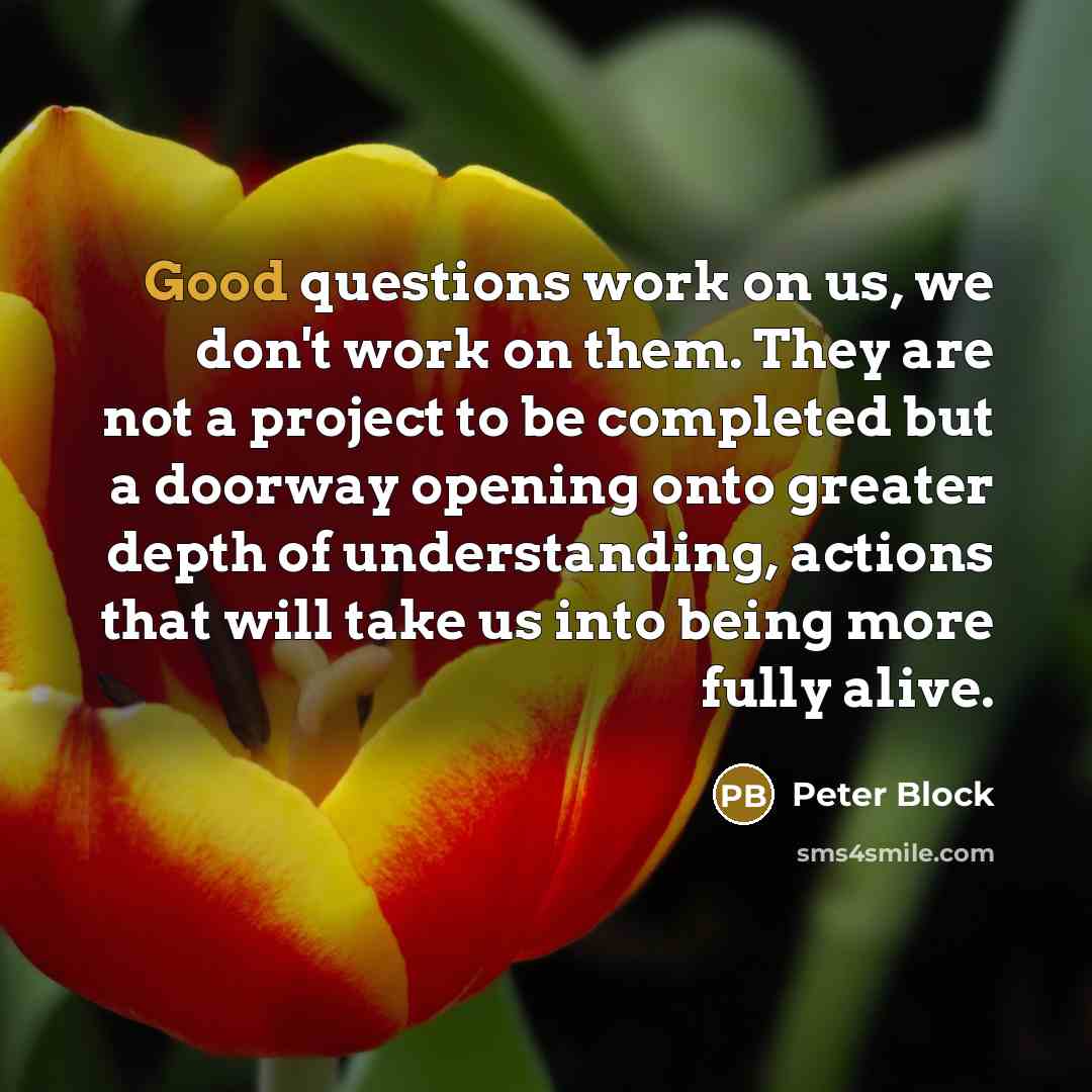 “Good questions work on us, we don't work on them.…” quote by Peter Block