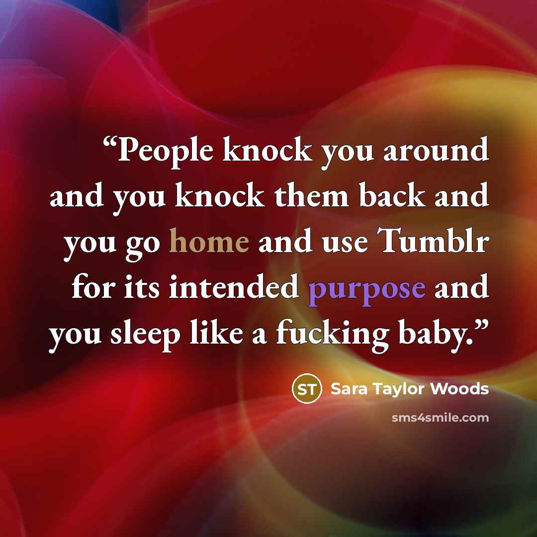 “People knock you around and you knock them back and you go home and use Tumblr for its intended purpose and you sleep like a fucking baby.” quote by Sara Taylor Woods