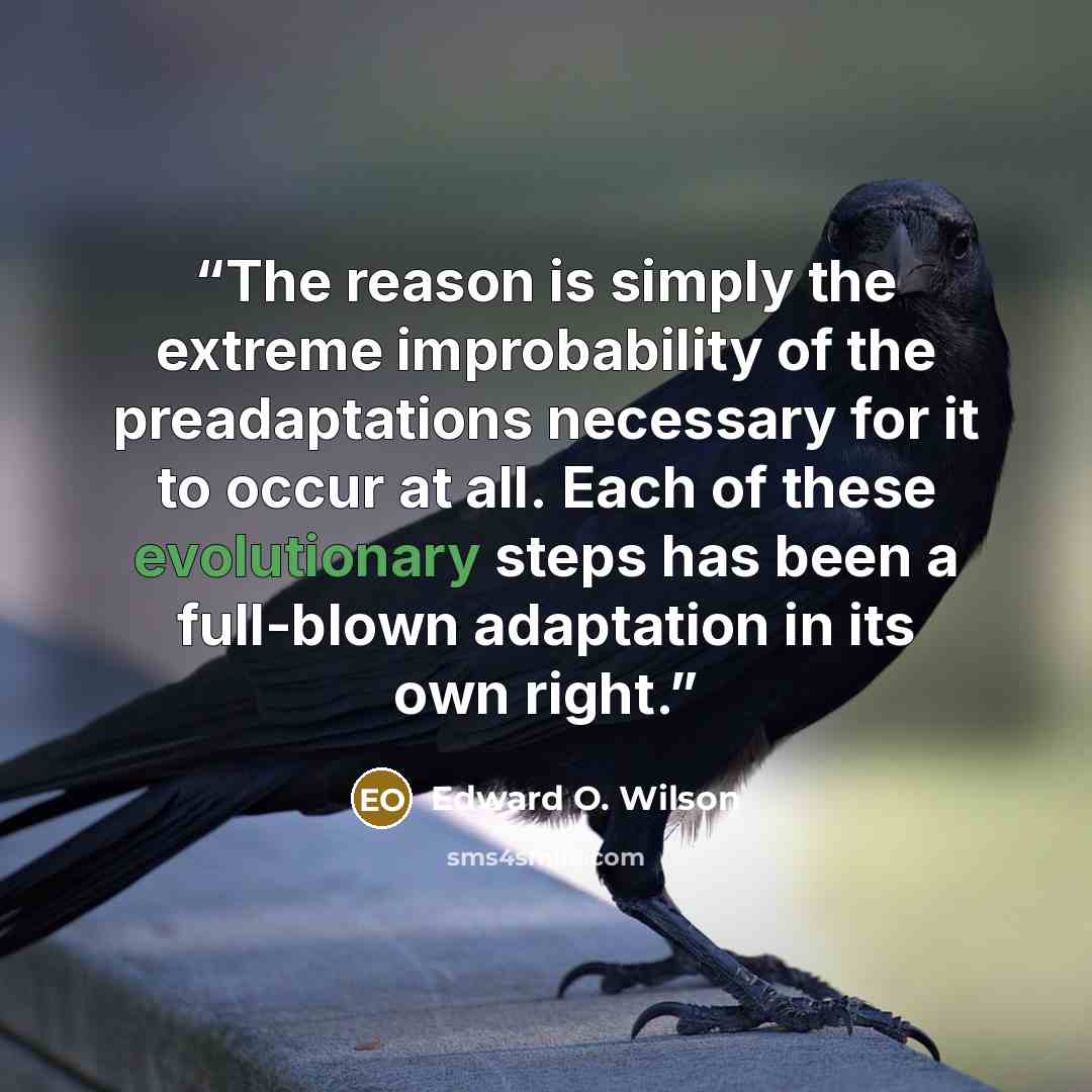 “The reason is simply the extreme improbability of the preadaptations necessary for it to occur at all. Each of these evolutionary steps has been a full-blown adaptation in its own right.” quote by Edward O. Wilson