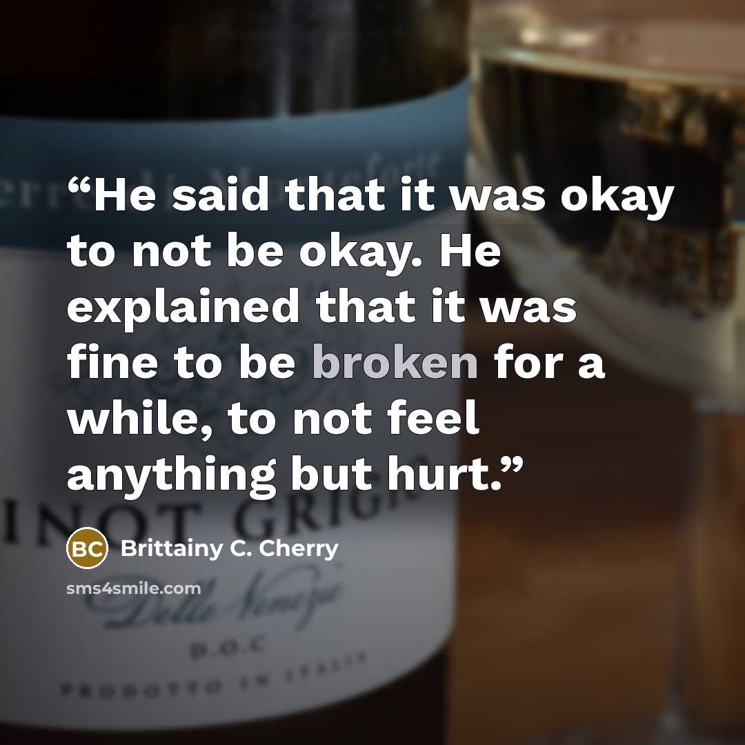 “He said that it was okay to not be okay. He explained that it was fine to be broken for a while, to not feel anything but hurt.” quote by Brittainy C. Cherry