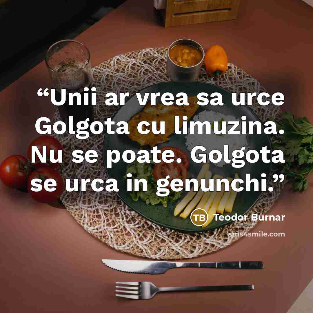 “Unii ar vrea sa urce Golgota cu limuzina. Nu se poate. Golgota se urca in genunchi.” quote by Teodor Burnar