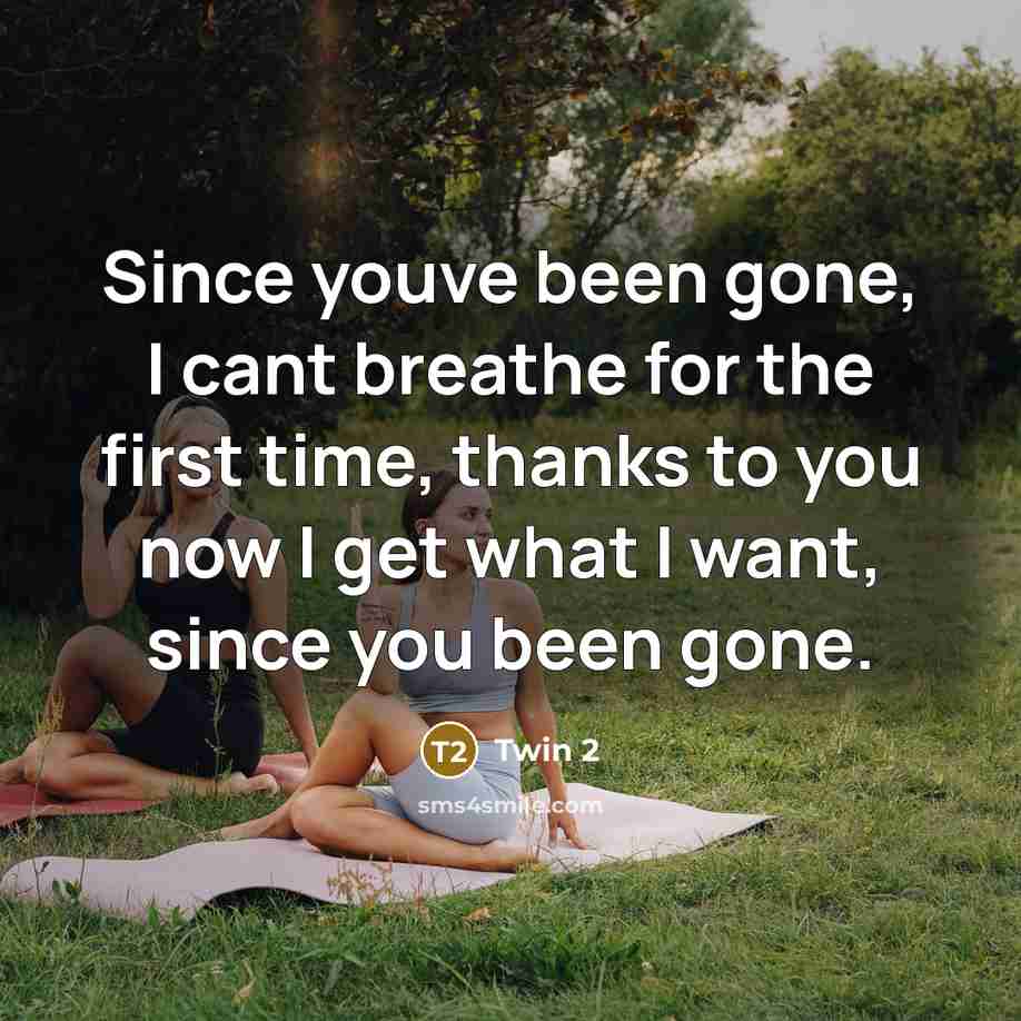 “Since youve been gone, I cant breathe for the first time, thanks to you now I get what I want, since you been gone.” quote by Twin 2