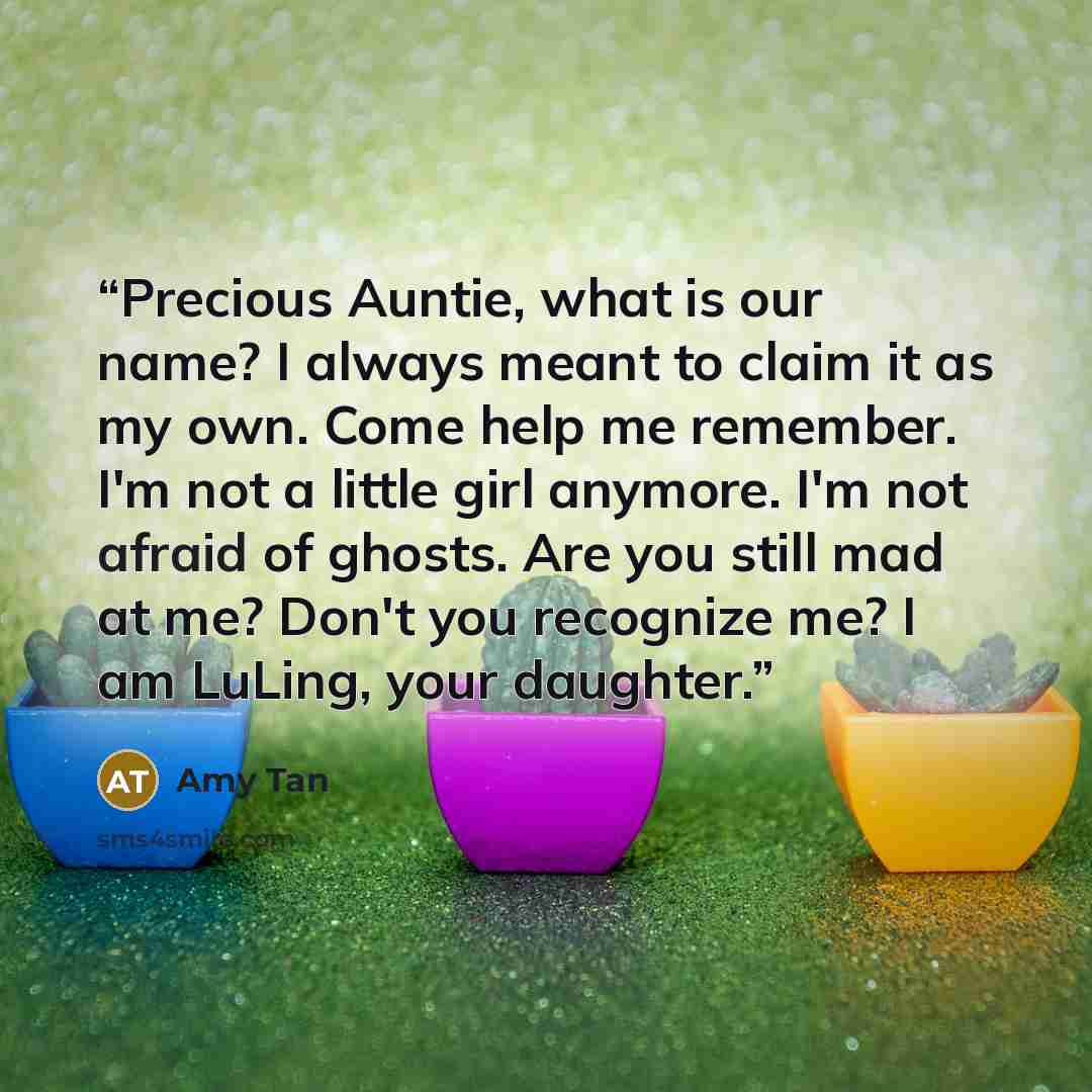 “Precious Auntie, what is our name? I always meant to claim it as my own. Come help me remember. I'm not a little girl anymore. I'm not afraid of ghosts. Are you still mad at me? Don't you recognize me? I am LuLing, your daughter.” quote by Amy Tan