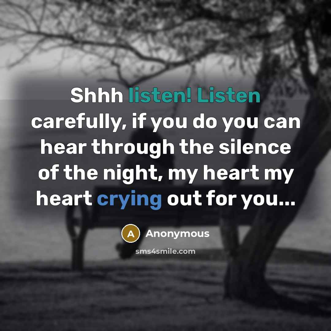 “Shhh listen! Listen carefully, if you do you can hear through the silence of the night, my heart my heart crying out for you...” quote by Anonymous