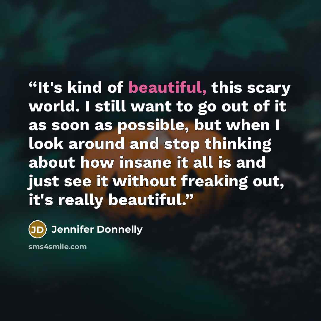 “It's kind of beautiful, this scary world. I still want to go out of it as soon as possible, but when I look around and stop thinking about how insane it all is and just see it without freaking out, it's really beautiful.” quote by Jennifer Donnelly