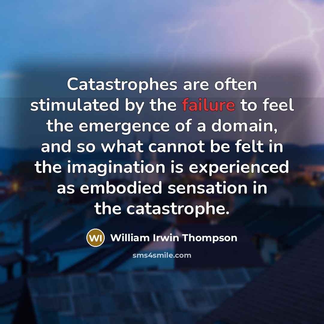 “Catastrophes are often stimulated by the failure to feel the…” quote by William Irwin Thompson