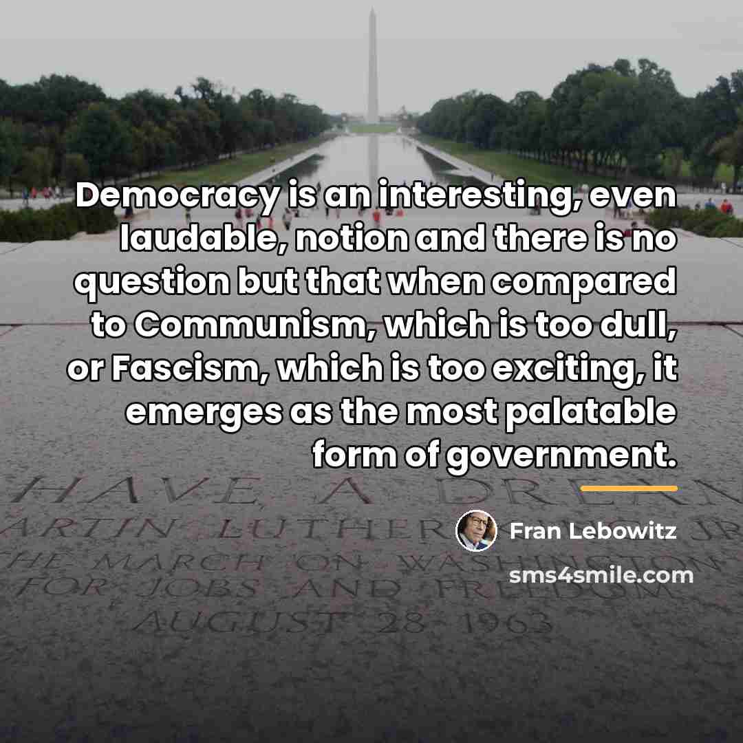 “Democracy is an interesting, even laudable, notion and there is…” quote by Fran Lebowitz