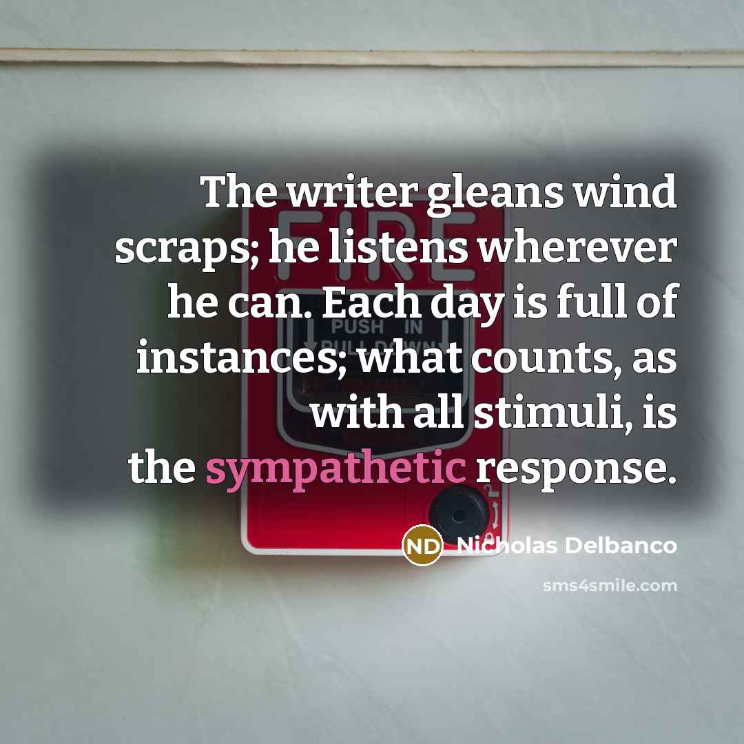 “The writer gleans wind scraps; he listens wherever he can.…” quote by Nicholas Delbanco