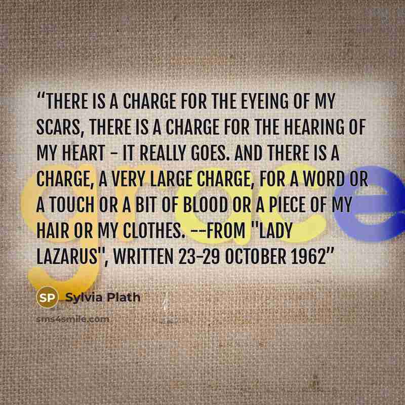 “There is a charge For the eyeing of my scars, there is a charge For the hearing of my heart - It really goes. And there is a charge, a very large charge, For a word or a touch Or a bit of blood Or a piece of my hair or my clothes. --from "Lady Lazarus", written 23-29 October 1962” quote by Sylvia Plath