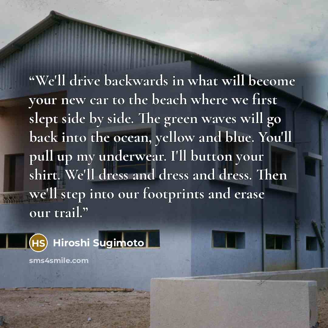 “We'll drive backwards in what will become your new car to the beach where we first slept side by side. The green waves will go back into the ocean, yellow and blue. You'll pull up my underwear. I'll button your shirt. We'll dress and dress and dress. Then we'll step into our footprints and erase…” quote by Hiroshi Sugimoto